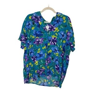 Vintage Jones New York Teal Floral Button Up Blouse Tropical Print Retro 90s 16W